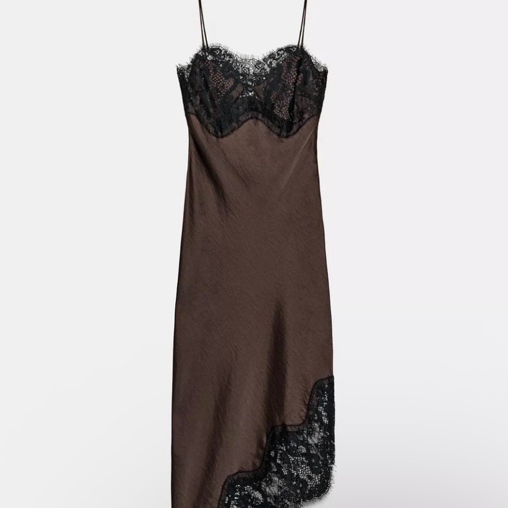 Zara Elegant Brown Lace Slip Dress Medium NWT